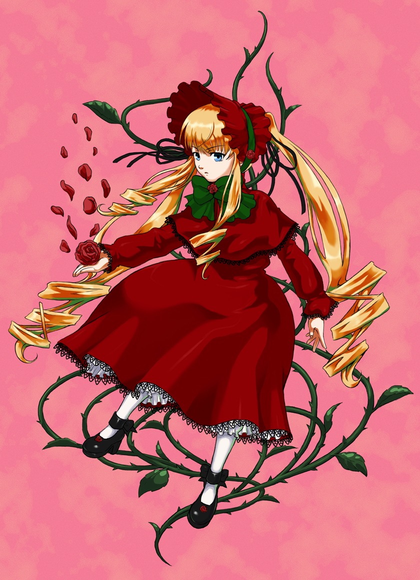 1girl blonde_hair blue_eyes bonnet bow bowtie dress drill_hair flower full_body green_bow image long_hair long_sleeves looking_at_viewer red_dress shinku shoes solo standing twin_drills twintails very_long_hair white_legwear