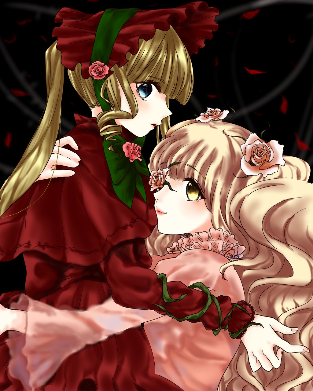 2girls blonde_hair blue_eyes blush bonnet bow dress flower image kirakishou long_hair multiple_girls one_eye_closed pair petals red_dress red_flower rose shinku twintails yellow_eyes yuri