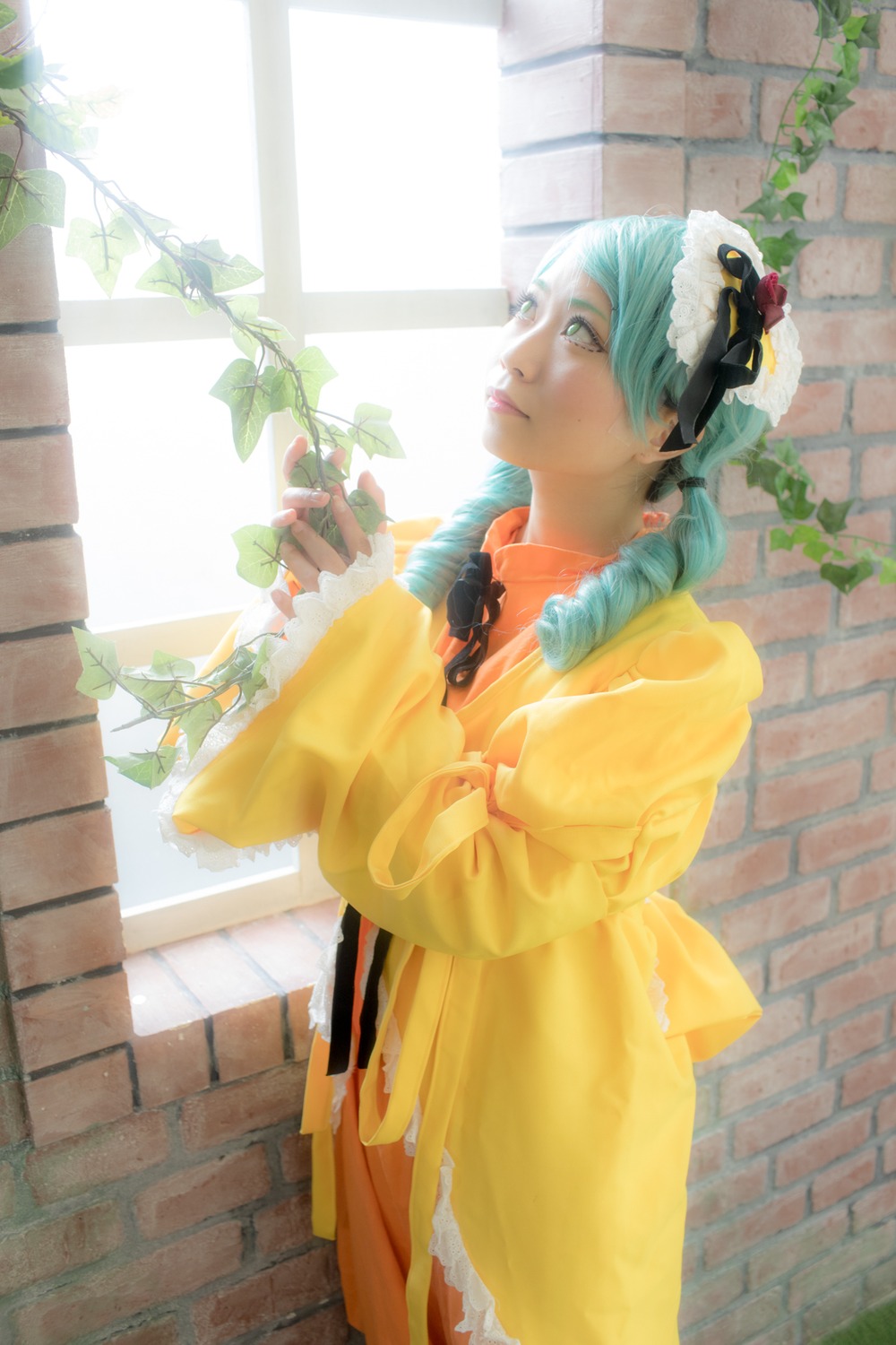 1girl brick_wall kanaria lips plant potted_plant solo standing tiles yellow_dress