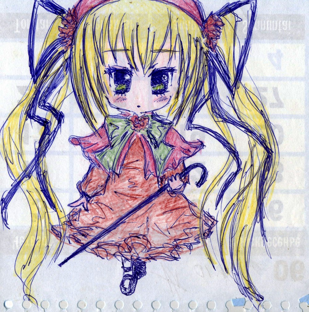 1girl blonde_hair bowtie dress full_body image long_hair looking_at_viewer shinku shoes solo standing traditional_media twintails very_long_hair wings