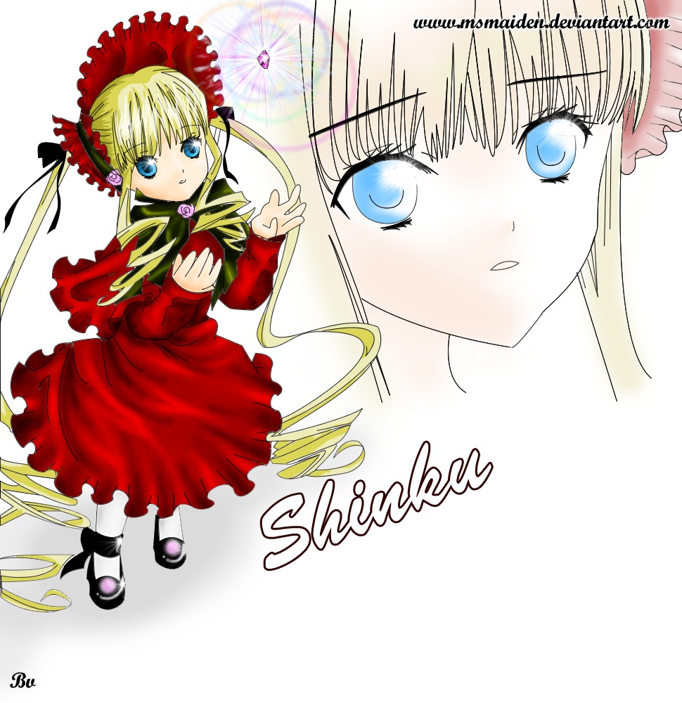 1girl bangs black_footwear blonde_hair blue_eyes bonnet bow bowtie dress drill_hair full_body green_bow image long_hair long_sleeves looking_at_viewer red_dress shinku shoes sidelocks solo standing twintails very_long_hair white_legwear zoom_layer