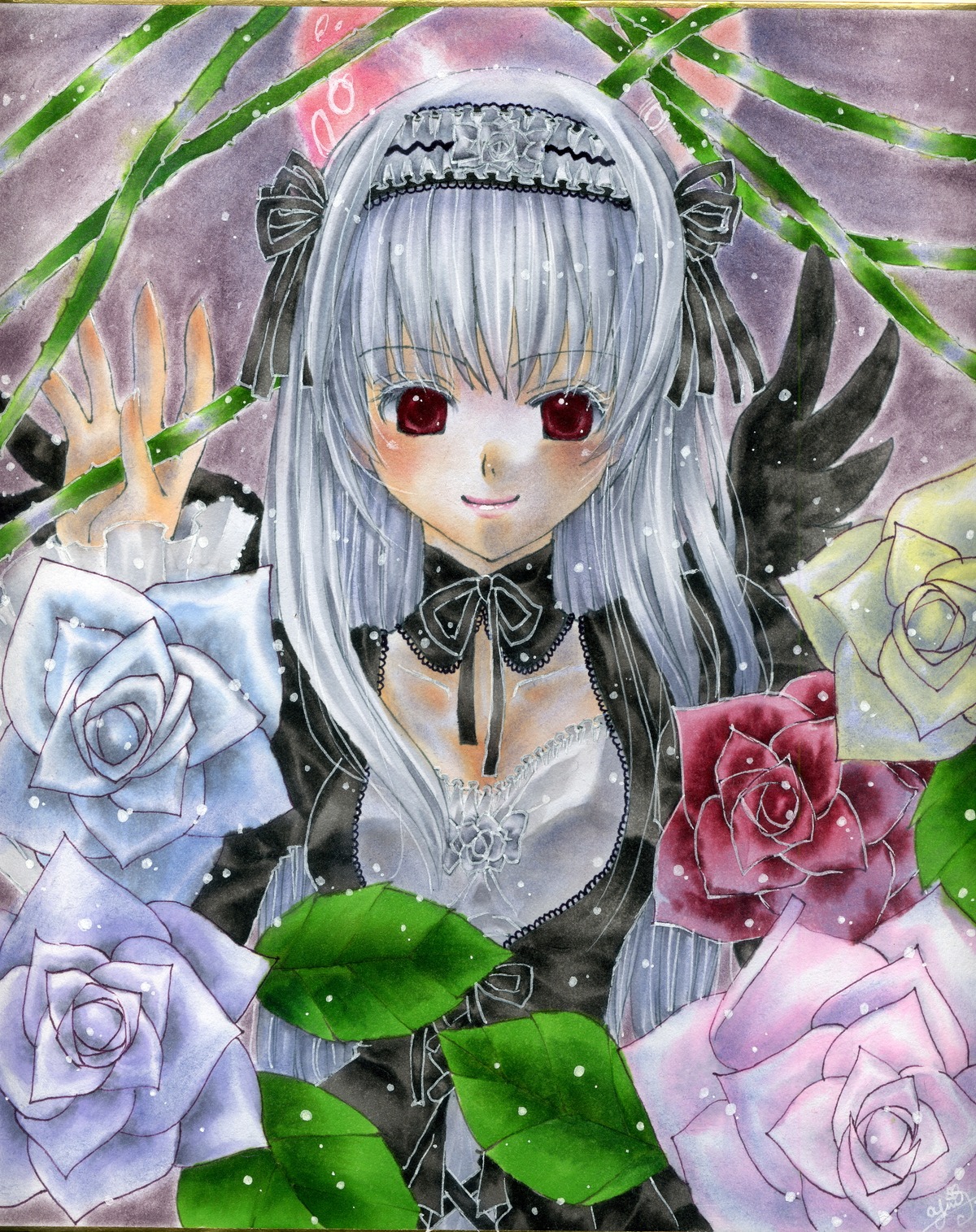 1girl colored_pencil_(medium) dress flower frills image long_sleeves looking_at_viewer marker_(medium) millipen_(medium) pastel_(medium) pink_rose purple_rose red_eyes red_rose ribbon rose shikishi silver_hair smile solo suigintou traditional_media watercolor_(medium) white_flower white_rose