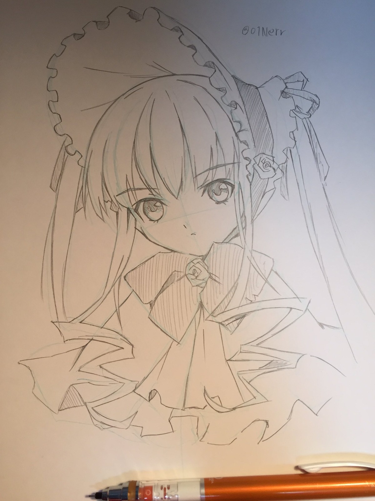 1girl bow bowtie dress frills image long_hair long_sleeves looking_at_viewer monochrome photo shinku solo traditional_media twintails umbrella