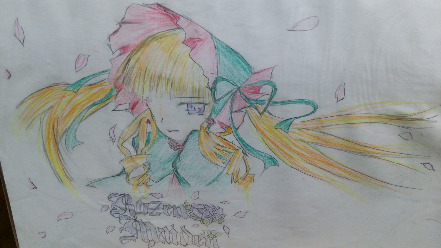 1girl blonde_hair colored_pencil_(medium) hat image long_hair mob_cap petals purple_eyes ribbon rose_petals shinku smile solo traditional_media watercolor_(medium) wind