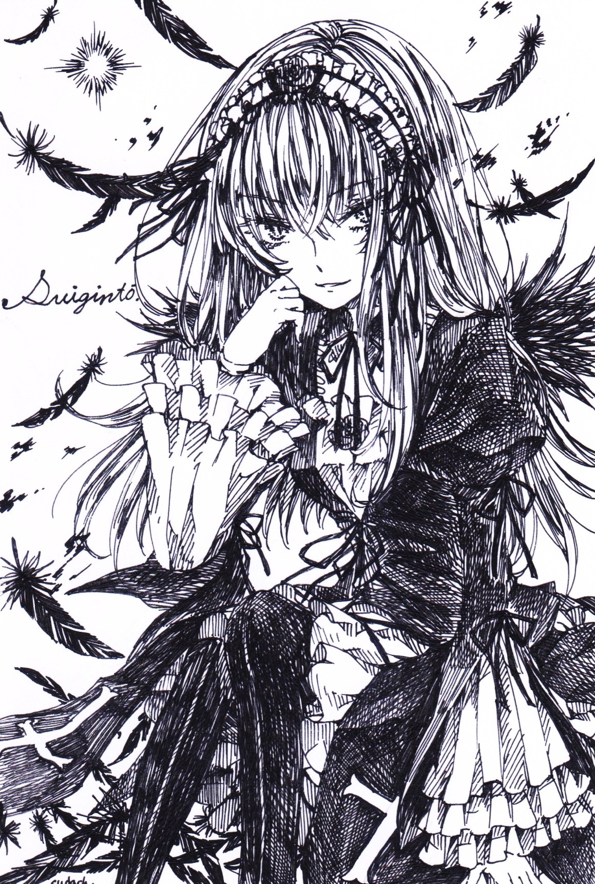1girl bird black_feathers dress feathers flower frills greyscale hairband image long_hair long_sleeves looking_at_viewer monochrome solo suigintou traditional_media very_long_hair wings