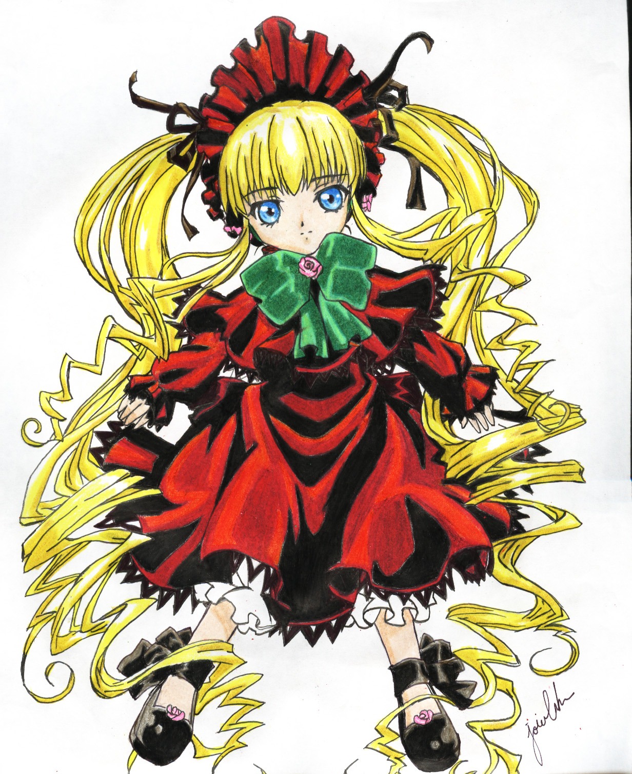 1girl bangs black_footwear blonde_hair bloomers blue_eyes bow bowtie dress frills full_body green_bow image long_hair long_sleeves looking_at_viewer marker_(medium) shinku shoes signature solo traditional_media twintails underwear very_long_hair