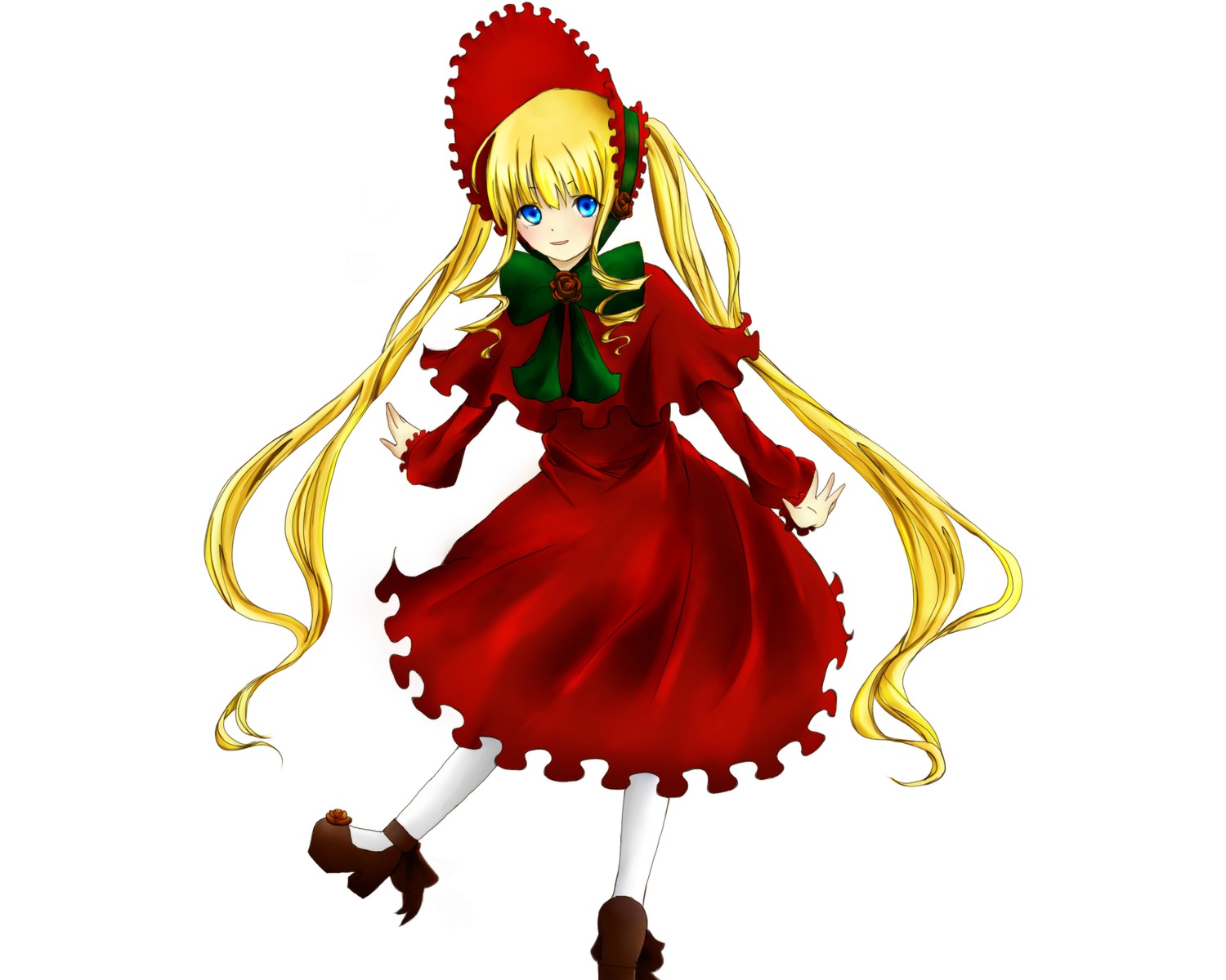 1girl blonde_hair blue_eyes bonnet bow bowtie capelet dress full_body green_bow image long_hair long_sleeves looking_at_viewer pantyhose red_dress shinku shoes simple_background smile solo standing twintails very_long_hair white_background white_legwear