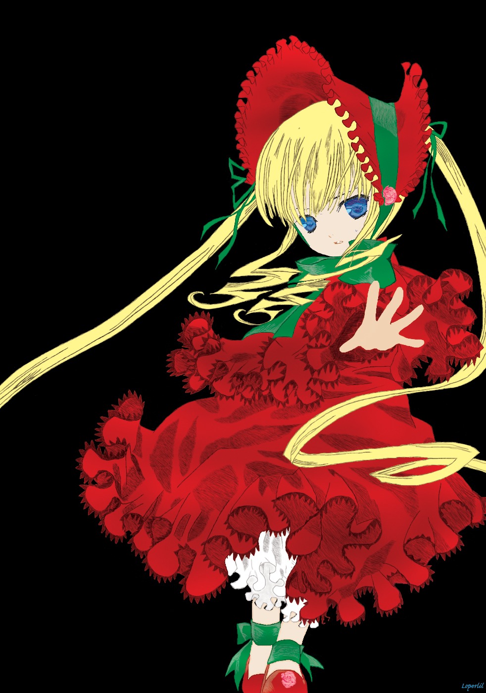 1girl blonde_hair blue_eyes bonnet bow dress frills full_body image long_hair long_sleeves looking_at_viewer red_dress ribbon shinku solo twintails very_long_hair