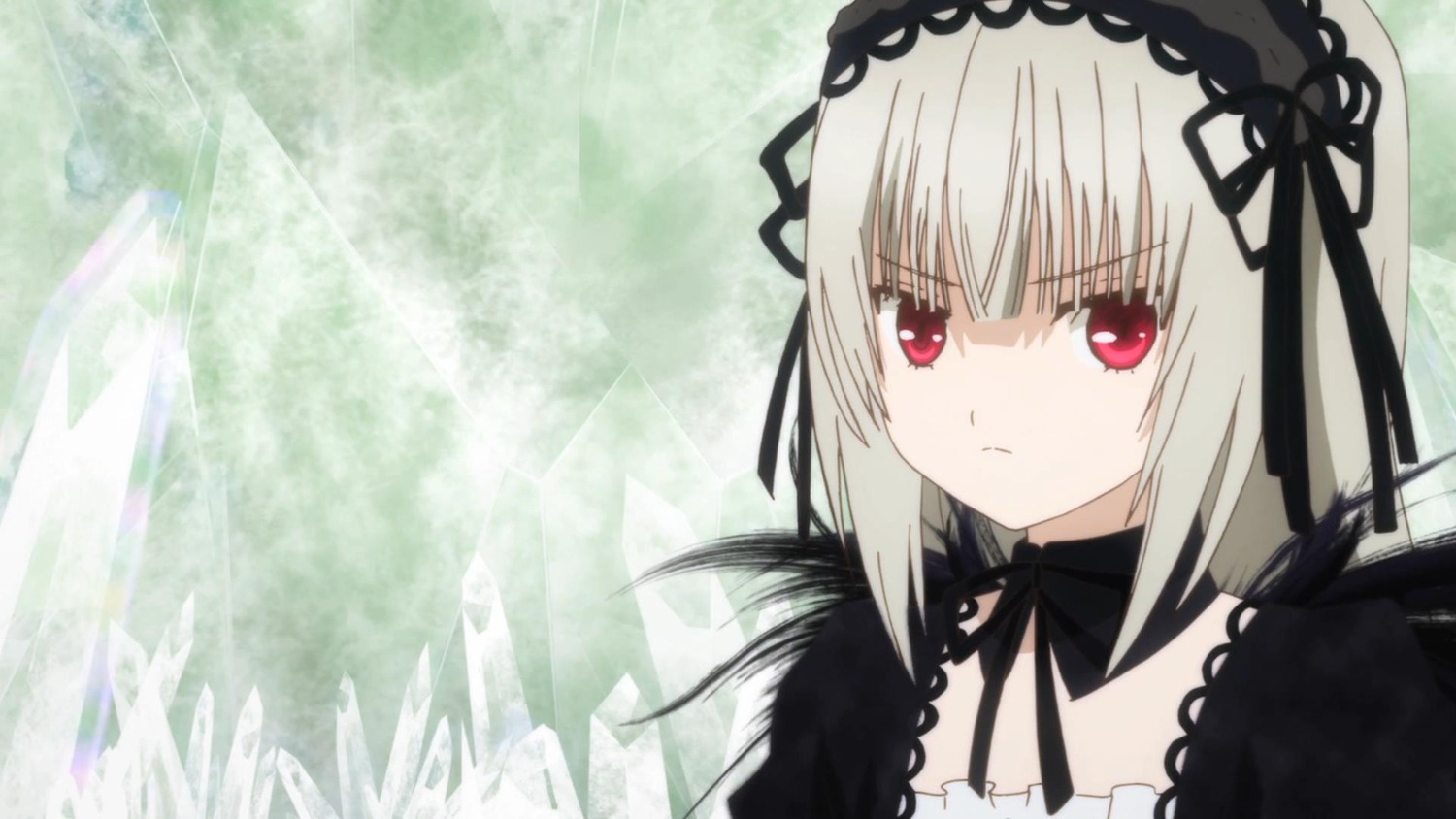 1girl bangs black_dress black_ribbon closed_mouth detached_collar dress eyebrows_visible_through_hair hairband image long_hair looking_at_viewer neck_ribbon red_eyes ribbon silver_hair solo suigintou