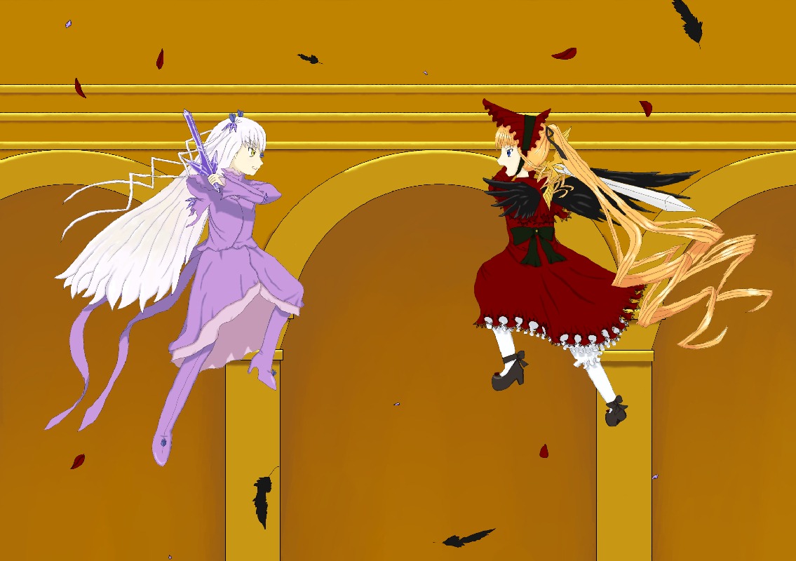 2girls barasuishou blonde_hair blue_eyes dress feathers flying hat image long_hair multiple_girls pair petals shinku suigintou very_long_hair wings