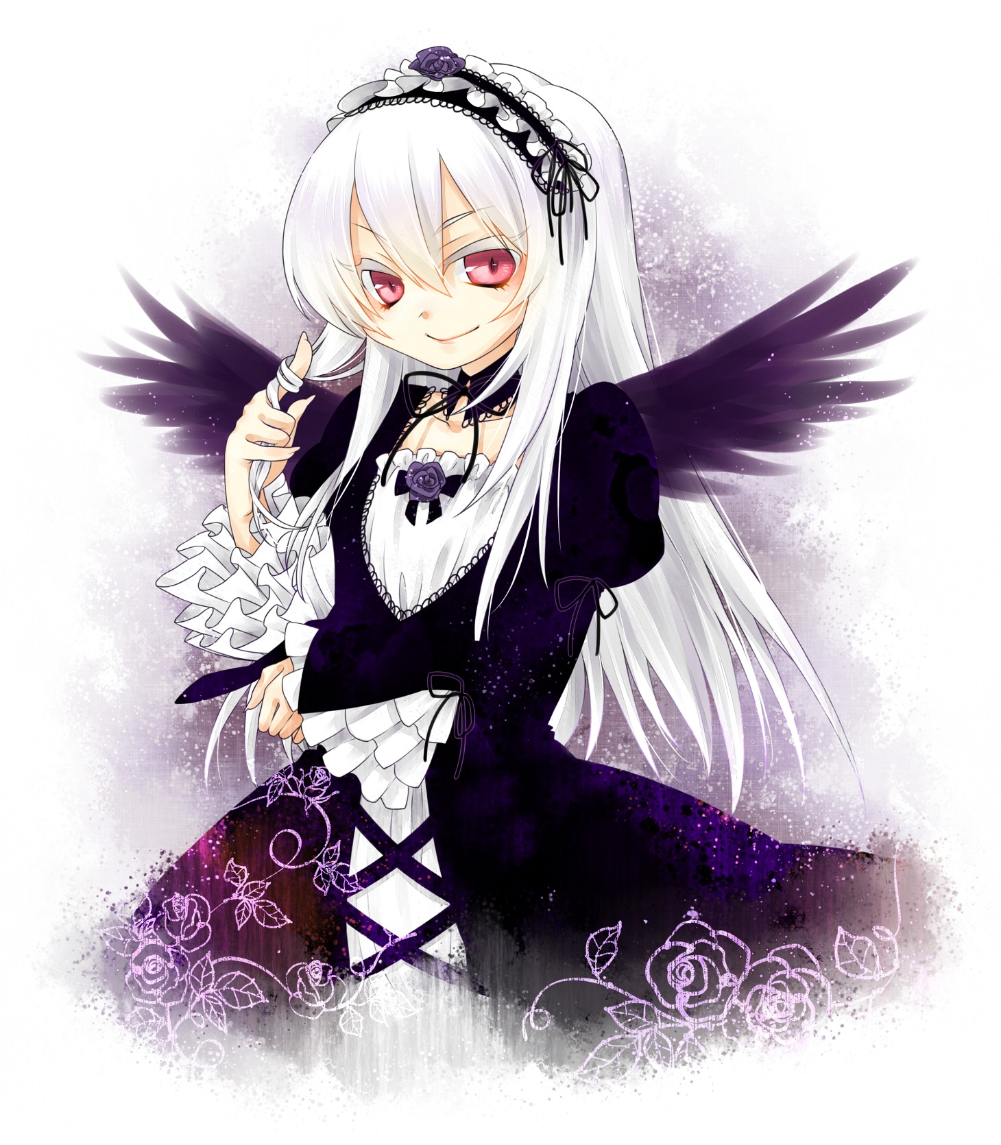 1girl black_wings colored_eyelashes commentary_request detached_collar dress feathered_wings flower frilled_sleeves frills hair_twirling hairband highres image kuronohana lolita_fashion lolita_hairband long_hair long_sleeves looking_at_viewer pink_eyes puffy_sleeves purple_flower purple_rose red_eyes rose rozen_maiden silver_hair smile solo suigintou white_hair wings