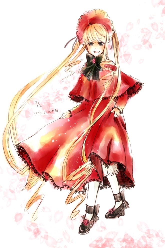 1girl blonde_hair bonnet bow bowtie capelet dress full_body image long_hair long_sleeves looking_at_viewer red_dress shinku smile solo standing twintails