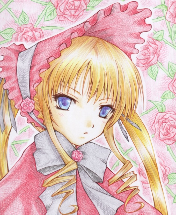 1girl blonde_hair blue_eyes bonnet bow drill_hair floral_background flower hat image long_hair looking_at_viewer marker_(medium) pastel_(medium) pink_flower pink_rose purple_rose red_flower red_rose rose shinku sidelocks solo traditional_media twin_drills