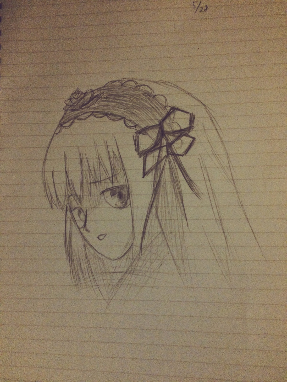 1girl flower hairband image long_hair looking_at_viewer monochrome ribbon simple_background sketch solo suigintou