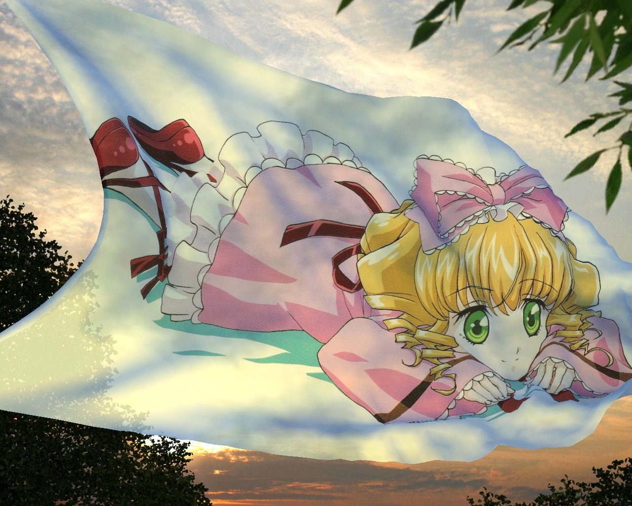 1girl beach blonde_hair bow cloud day dress drill_hair frills green_eyes hair_bow hina_ichigo hinaichigo image looking_at_viewer lying moon on_stomach outdoors pink_bow pink_dress shoes short_hair sky smile solo wings