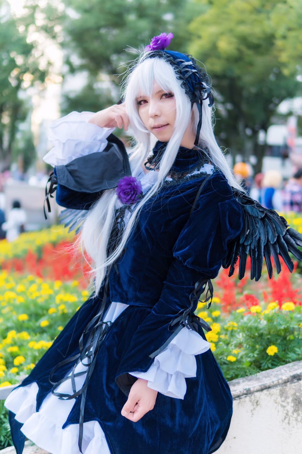 1girl black_dress blurry blurry_background blurry_foreground depth_of_field dress flower frills hairband long_hair long_sleeves looking_at_viewer solo standing suigintou white_hair