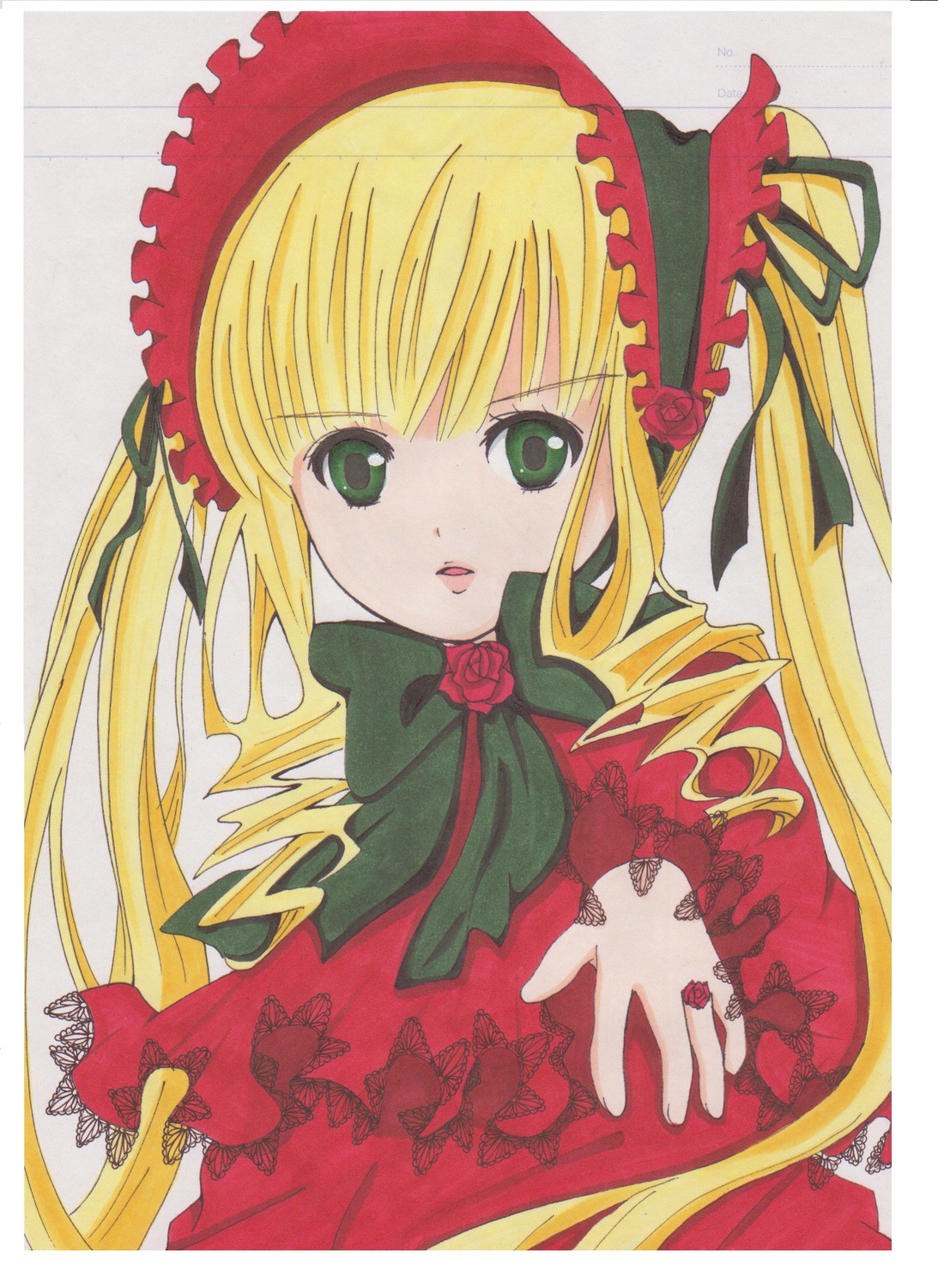 1girl blonde_hair bonnet bow bowtie dress drill_hair flower frills green_eyes image long_hair long_sleeves looking_at_viewer ribbon rose shinku simple_background solo twintails upper_body white_background