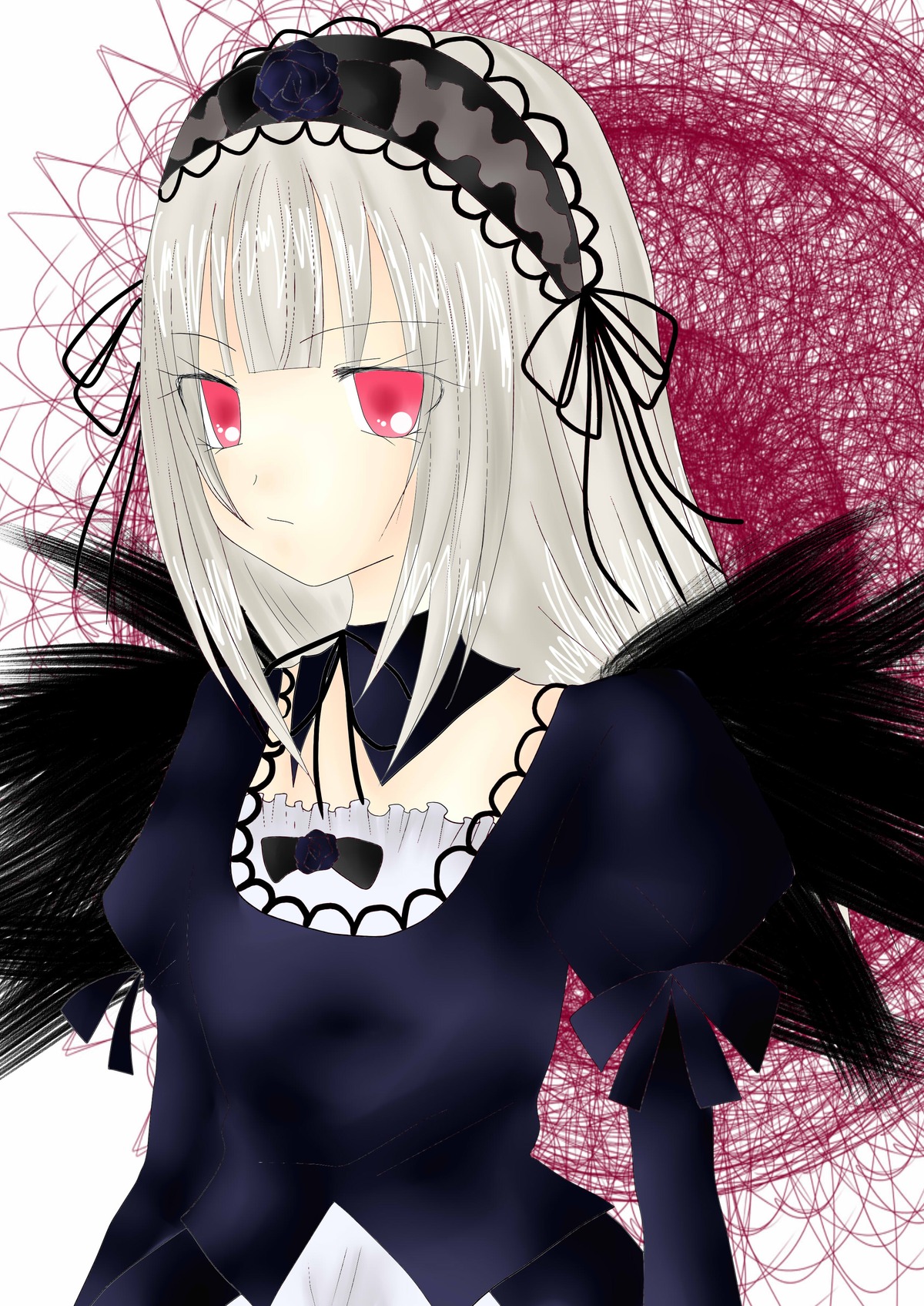 1girl auto_tagged bangs black_dress black_ribbon black_wings closed_mouth dress feathers flower frills hairband image juliet_sleeves lolita_fashion lolita_hairband long_hair long_sleeves looking_at_viewer puffy_sleeves red_eyes ribbon rose silver_hair solo suigintou upper_body wings