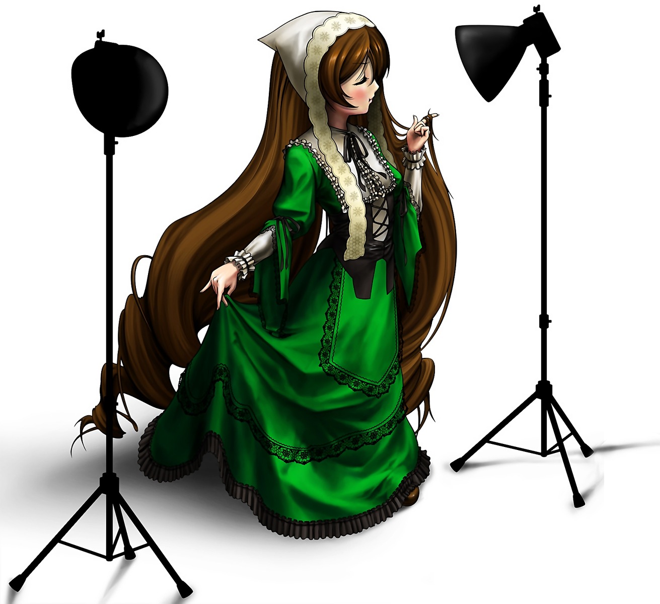 1girl black_ribbon brown_hair closed_eyes dress full_body green_dress image long_hair long_sleeves ribbon solo standing suiseiseki very_long_hair white_background