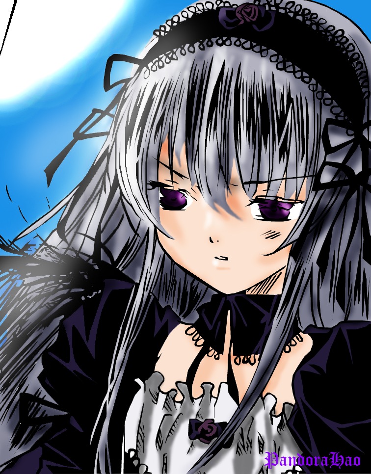 1girl black_ribbon black_wings closed_mouth dress flower hairband image lolita_hairband long_hair looking_at_viewer purple_eyes ribbon silver_hair solo suigintou wings
