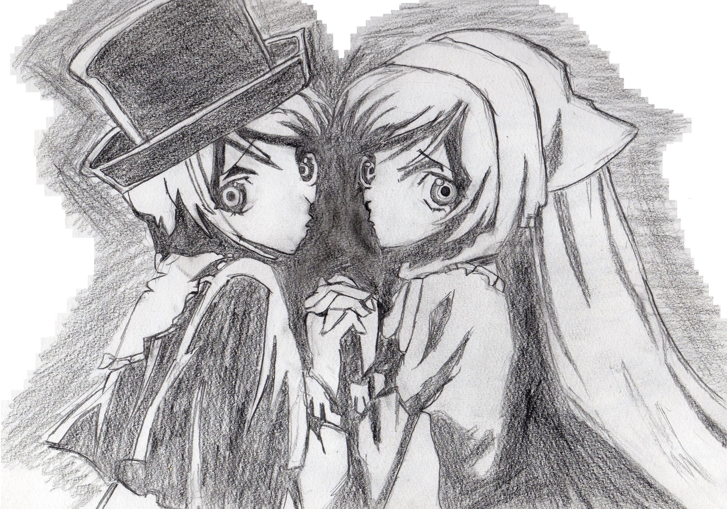 2girls greyscale hat holding_hands image interlocked_fingers long_hair looking_at_viewer monochrome multiple_girls pair siblings sisters souseiseki suiseiseki traditional_media upper_body