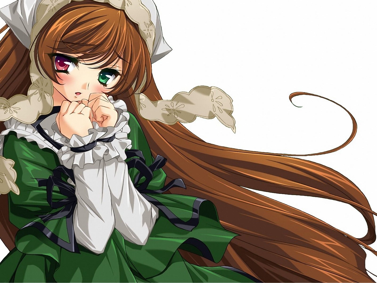 1girl blush brown_hair dress frills green_dress green_eyes hat heterochromia image long_hair long_sleeves looking_at_viewer red_eyes ribbon simple_background solo suiseiseki very_long_hair