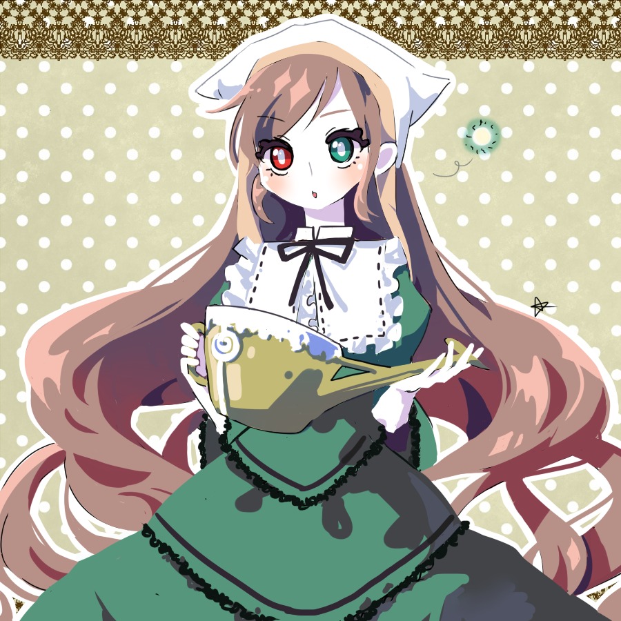 1girl brown_hair dress frills green_dress green_eyes halftone halftone_background head_scarf heterochromia holding image long_hair long_sleeves looking_at_viewer polka_dot polka_dot_background red_eyes solo suiseiseki very_long_hair watering_can