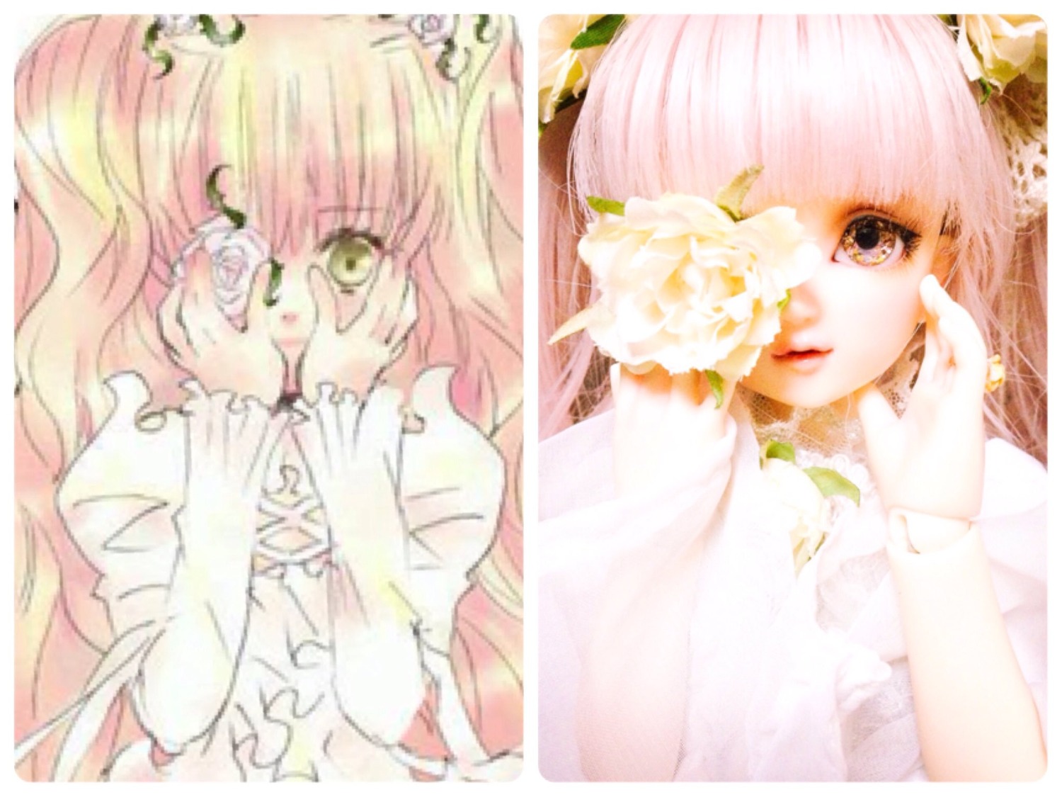 1girl bangs doll flower hair_ornament kirakishou long_hair looking_at_viewer pink_hair solo white_rose yellow_eyes