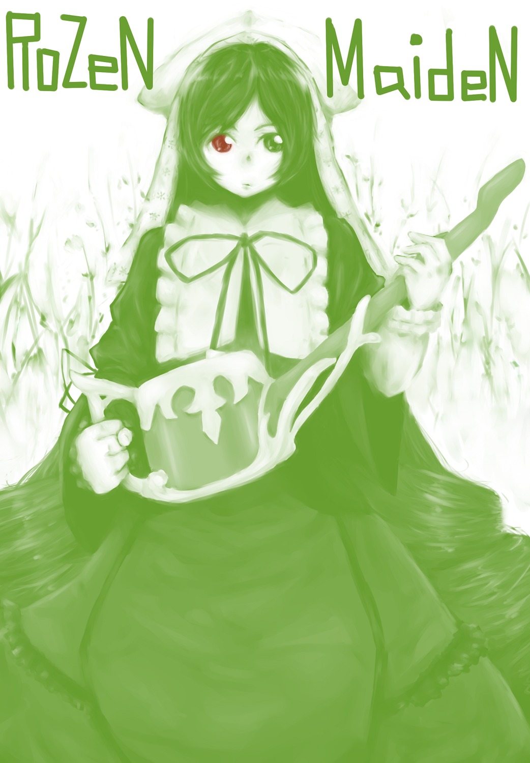 1girl dress frills green_eyes green_theme heterochromia image long_hair long_sleeves looking_at_viewer monochrome red_eyes ribbon solo suiseiseki very_long_hair