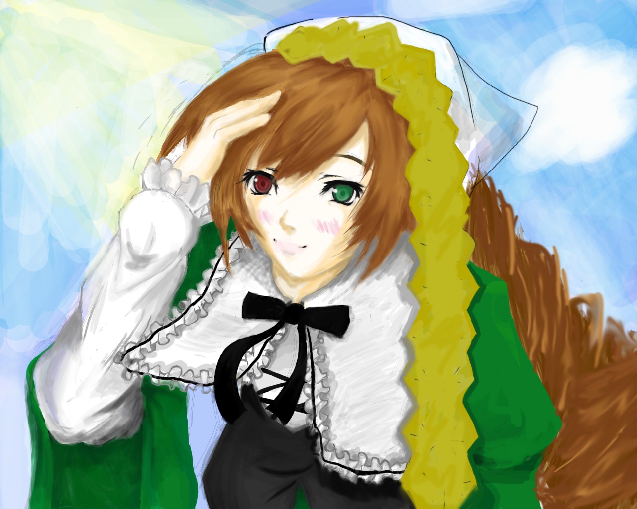 1girl auto_tagged blush brown_hair collar dress frills green_dress green_eyes head_scarf heterochromia image long_hair long_sleeves looking_at_viewer red_eyes smile solo suiseiseki upper_body