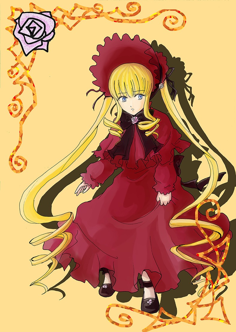 1girl blonde_hair blue_eyes bonnet bow bowtie dress full_body image long_hair long_sleeves looking_at_viewer red_dress shinku shoes simple_background solo standing twintails very_long_hair yellow_background
