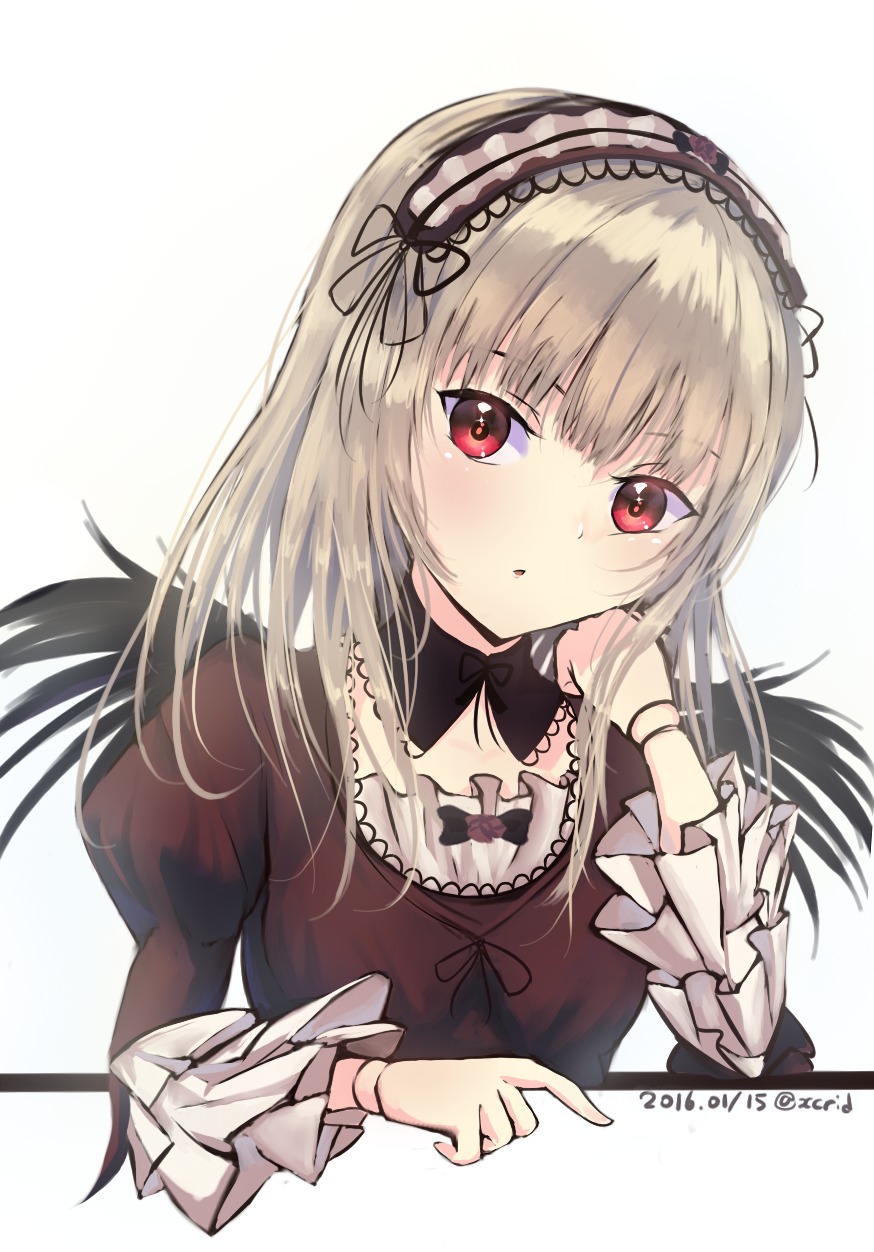 1girl bangs black_ribbon blush bow dress eyebrows_visible_through_hair frills hairband image long_hair long_sleeves looking_at_viewer parted_lips red_eyes ribbon solo striped striped_background suigintou upper_body