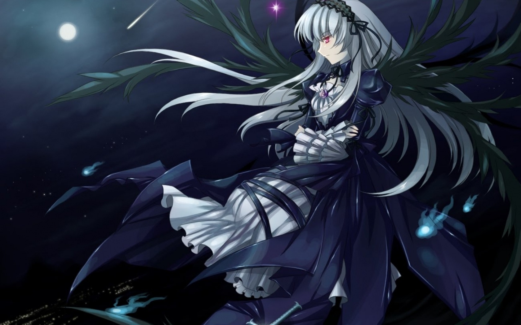 1girl auto_tagged black_wings dress flower frills full_moon hairband image long_hair long_sleeves moon night pink_eyes red_eyes ribbon rose silver_hair sky solo suigintou very_long_hair wings
