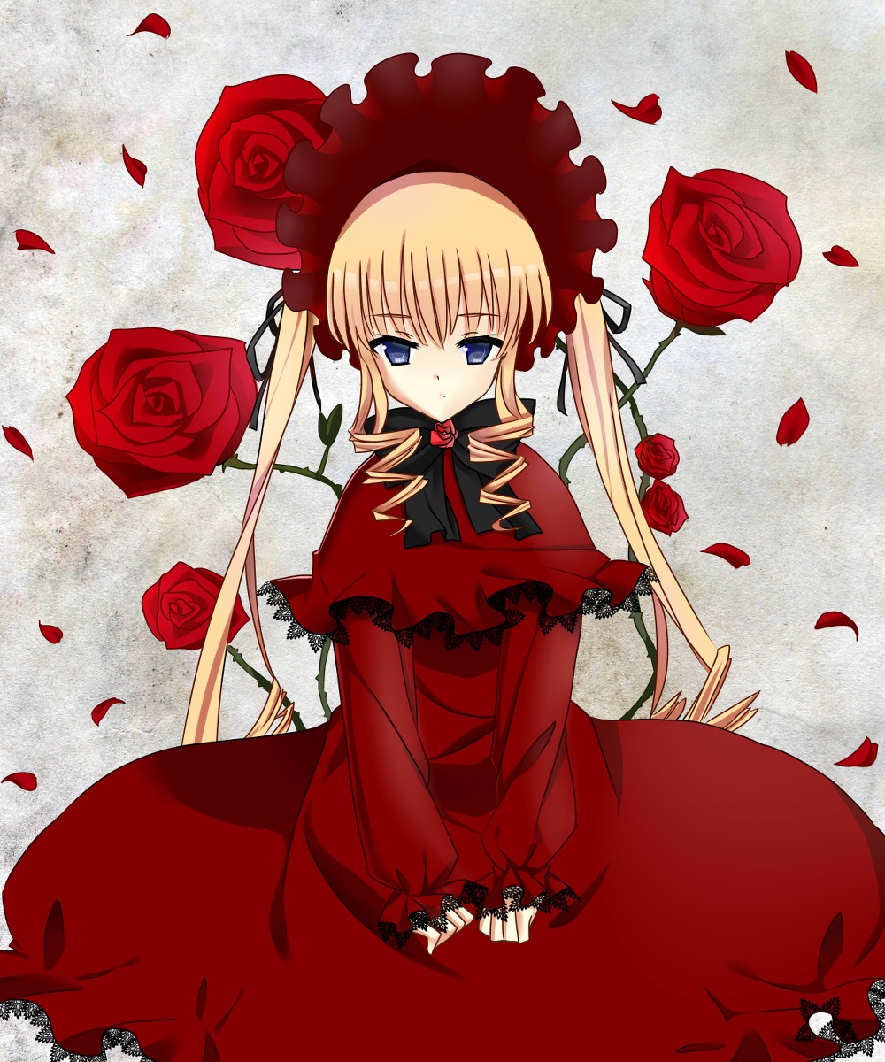 1girl blonde_hair blue_eyes bonnet bow bowtie capelet dress flower image long_hair long_sleeves petals red_capelet red_dress red_flower red_rose rose rose_petals shinku solo twintails v_arms