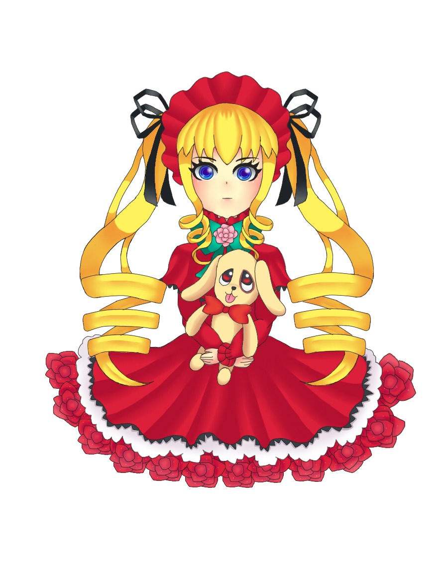 1girl blonde_hair blue_eyes bonnet bow dress drill_hair flower image long_hair looking_at_viewer red_dress rose shinku simple_background solo striped twin_drills twintails