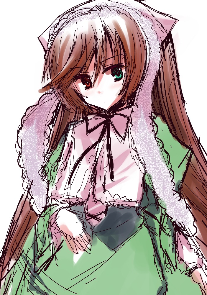 1girl bow brown_hair dress frills green_dress green_eyes heterochromia image long_hair long_sleeves looking_at_viewer red_eyes simple_background sketch solo suiseiseki very_long_hair white_background