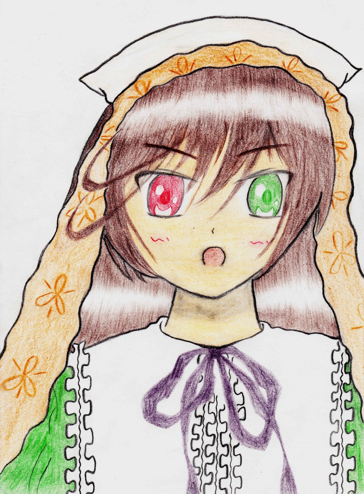 1girl :o frills green_eyes hat image looking_at_viewer open_mouth red_eyes short_hair solo suiseiseki traditional_media upper_body