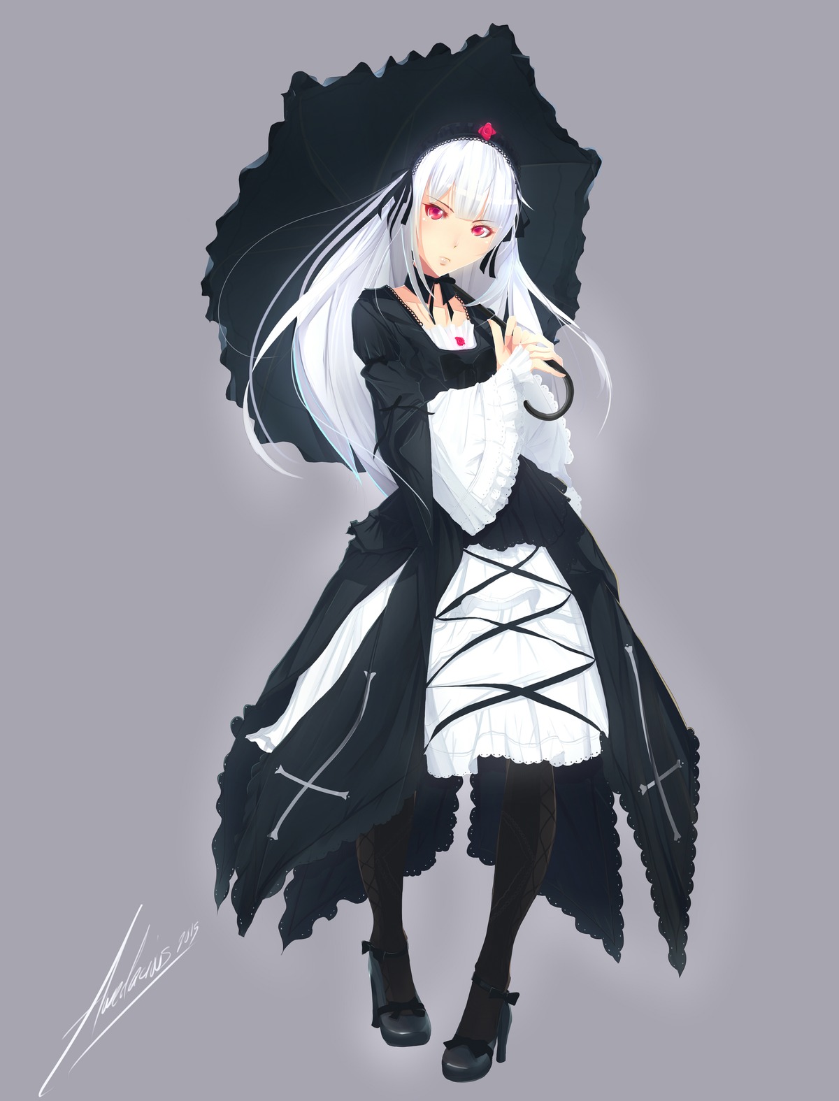 1girl black_dress black_footwear black_legwear black_umbrella dress full_body grey_background high_heels image long_hair long_sleeves looking_at_viewer pantyhose pink_eyes red_eyes signature solo standing suigintou umbrella white_hair