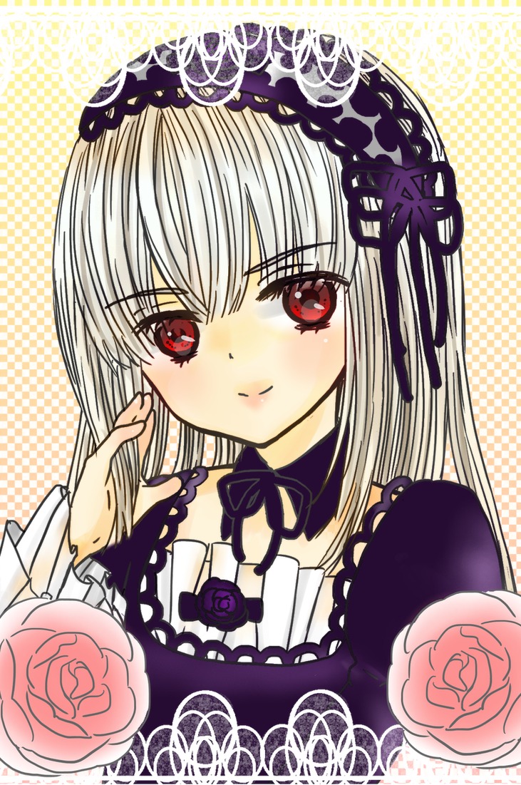 1girl bangs dress flower frills hairband image long_hair long_sleeves looking_at_viewer pink_flower pink_rose polka_dot polka_dot_background purple_rose red_eyes red_flower red_rose rose silver_hair smile solo suigintou upper_body