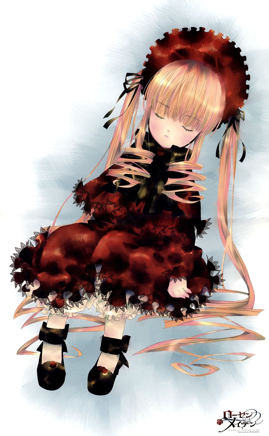 1girl black_footwear blonde_hair bonnet closed_eyes dress drill_hair frills full_body image long_hair long_sleeves red_dress shinku sleeping solo standing twintails very_long_hair