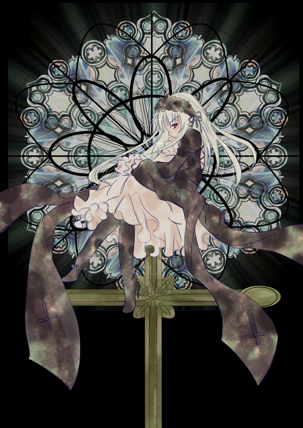 1girl boots dress full_body hairband image long_hair long_sleeves red_eyes solo stained_glass suigintou white_hair wings