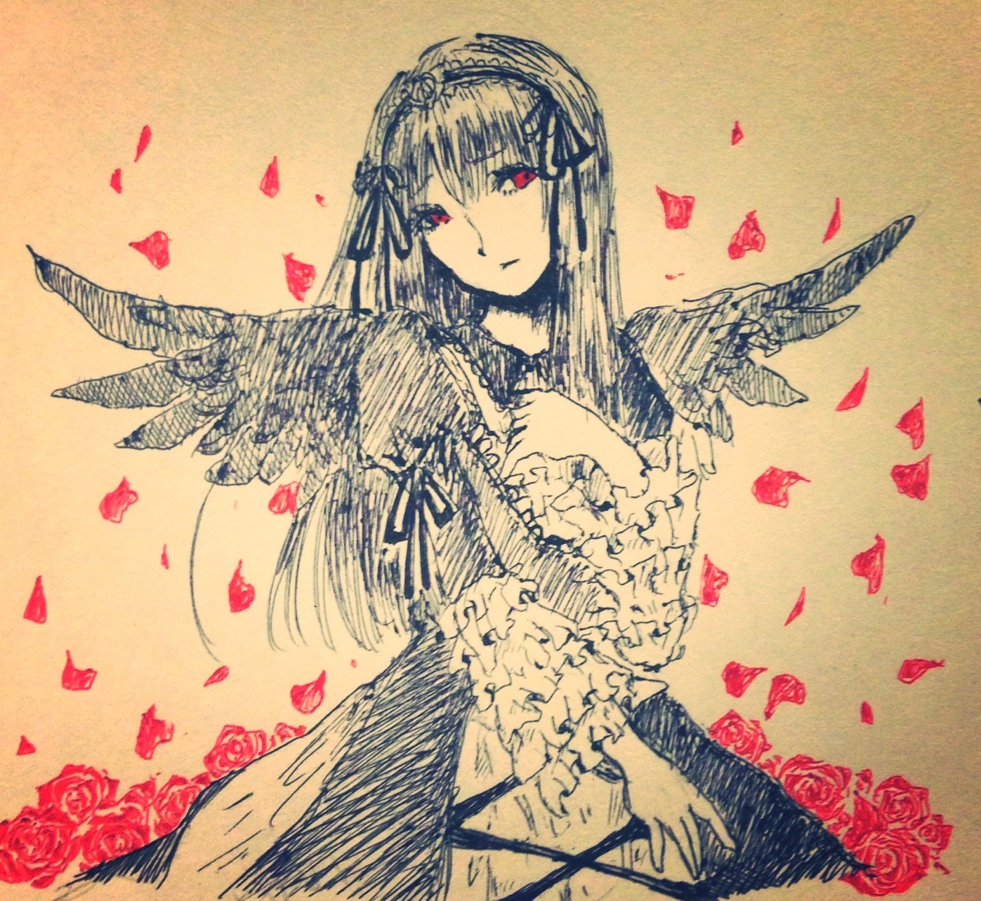 1girl auto_tagged dress flower frilled_sleeves frills hairband heart image long_hair long_sleeves looking_at_viewer petals red_eyes red_flower red_rose ribbon rose rose_petals solo spot_color suigintou traditional_media wings