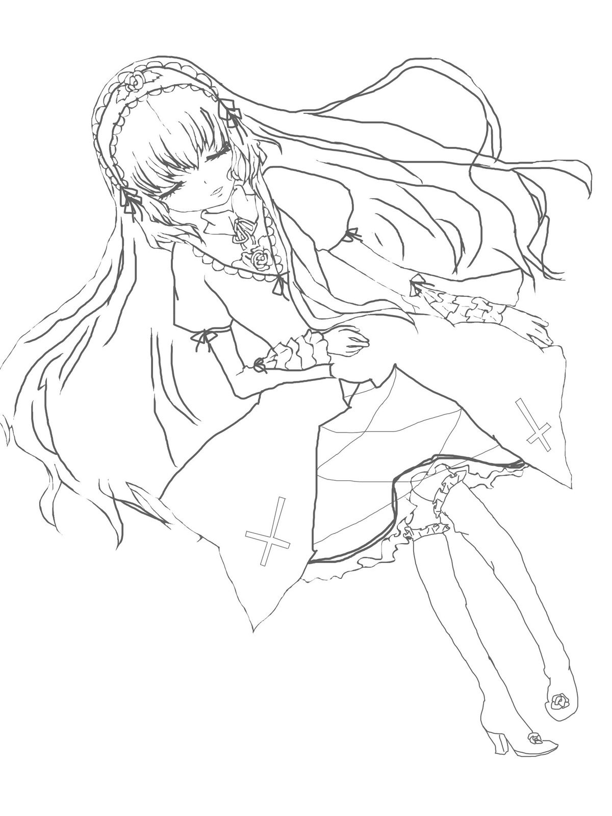 1girl closed_eyes dress full_body greyscale hairband image long_hair monochrome puffy_sleeves short_sleeves solo striped suigintou thighhighs very_long_hair