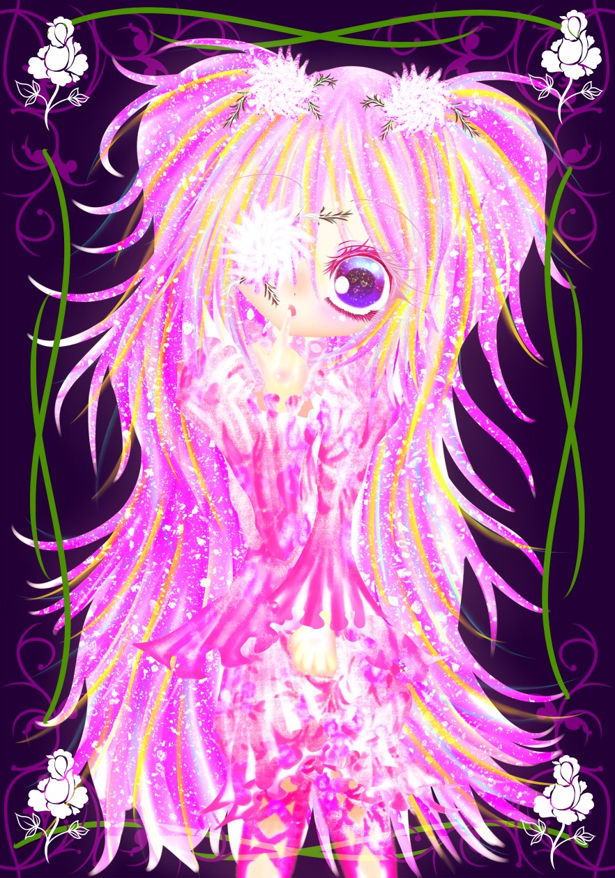 1girl flower hair_over_one_eye image kirakishou long_hair pink_hair purple_background purple_eyes solo white_flower