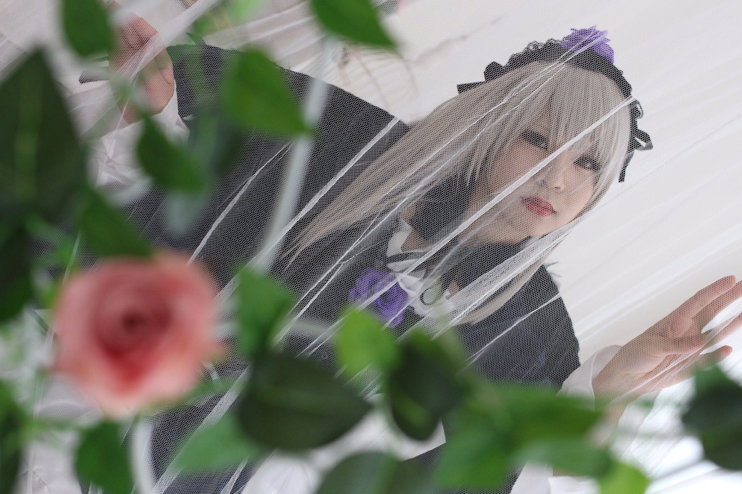 1girl blurry blurry_background blurry_foreground closed_mouth depth_of_field dress flower lips long_hair maid_headdress motion_blur photo rain ribbon rose solo suigintou