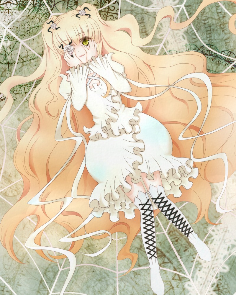 1girl blonde_hair boots cross-laced_footwear dress eyepatch frills green_eyes hair_ornament image kirakishou knee_boots long_hair solo very_long_hair vines