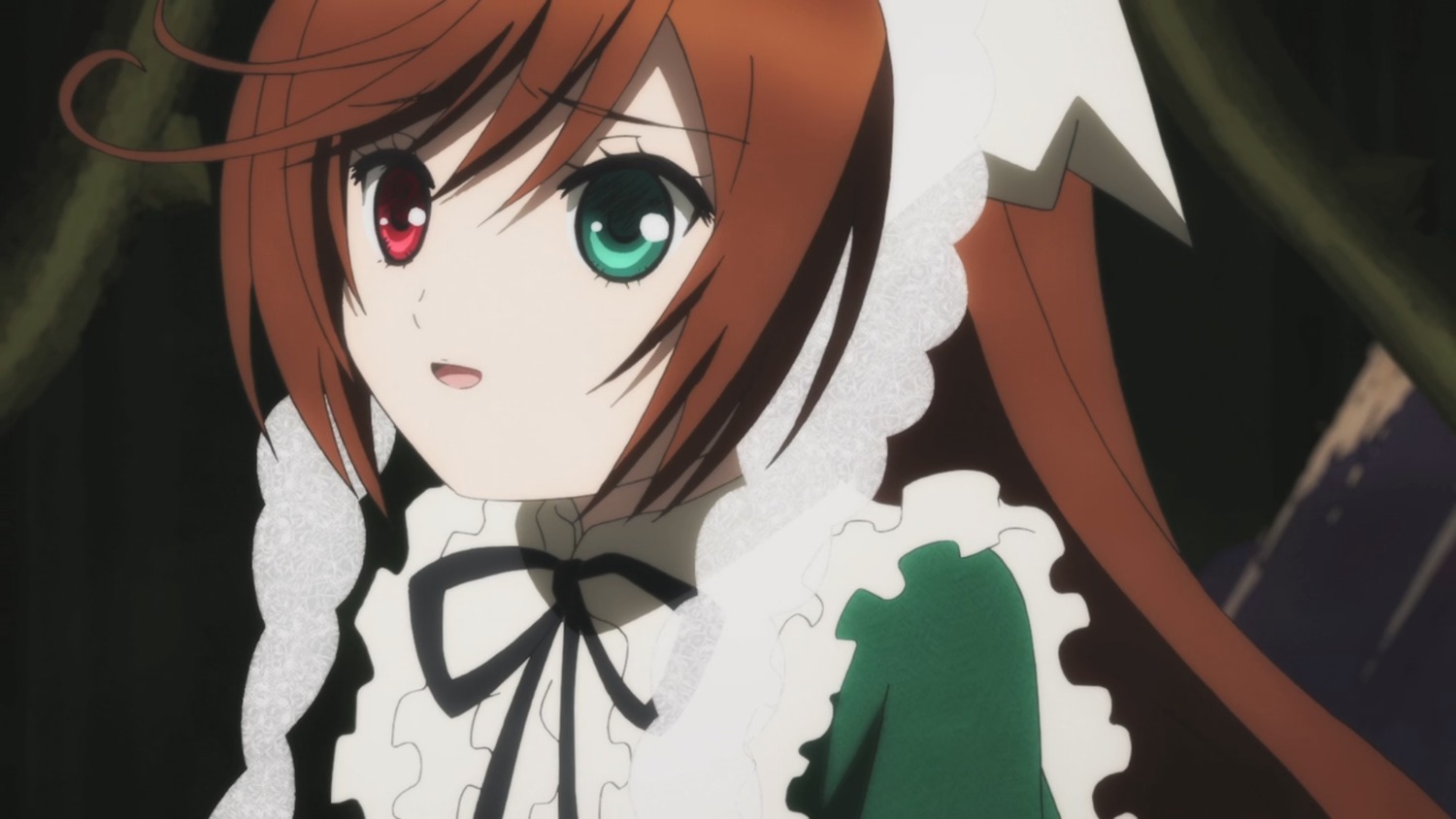 1girl auto_tagged bangs black_ribbon brown_hair dress frills green_eyes heterochromia image long_hair long_sleeves looking_at_viewer neck_ribbon open_mouth red_eyes ribbon solo suiseiseki