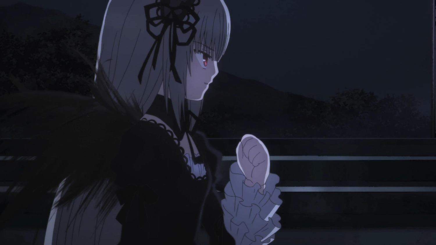 1girl bangs black_ribbon black_wings closed_mouth dress frills hairband image long_hair long_sleeves night outdoors profile red_eyes ribbon rose silver_hair solo suigintou wings