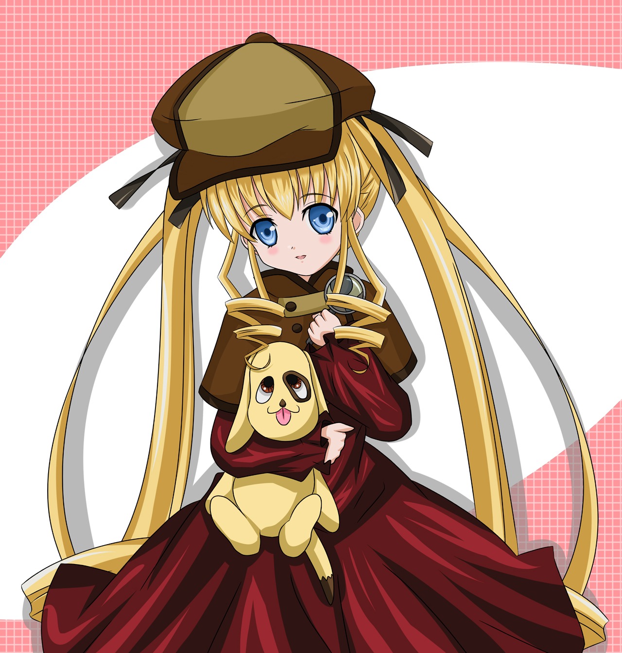 1girl blonde_hair blue_eyes blush dress hair_ribbon hat image long_hair long_sleeves red_dress ribbon shinku solo twintails