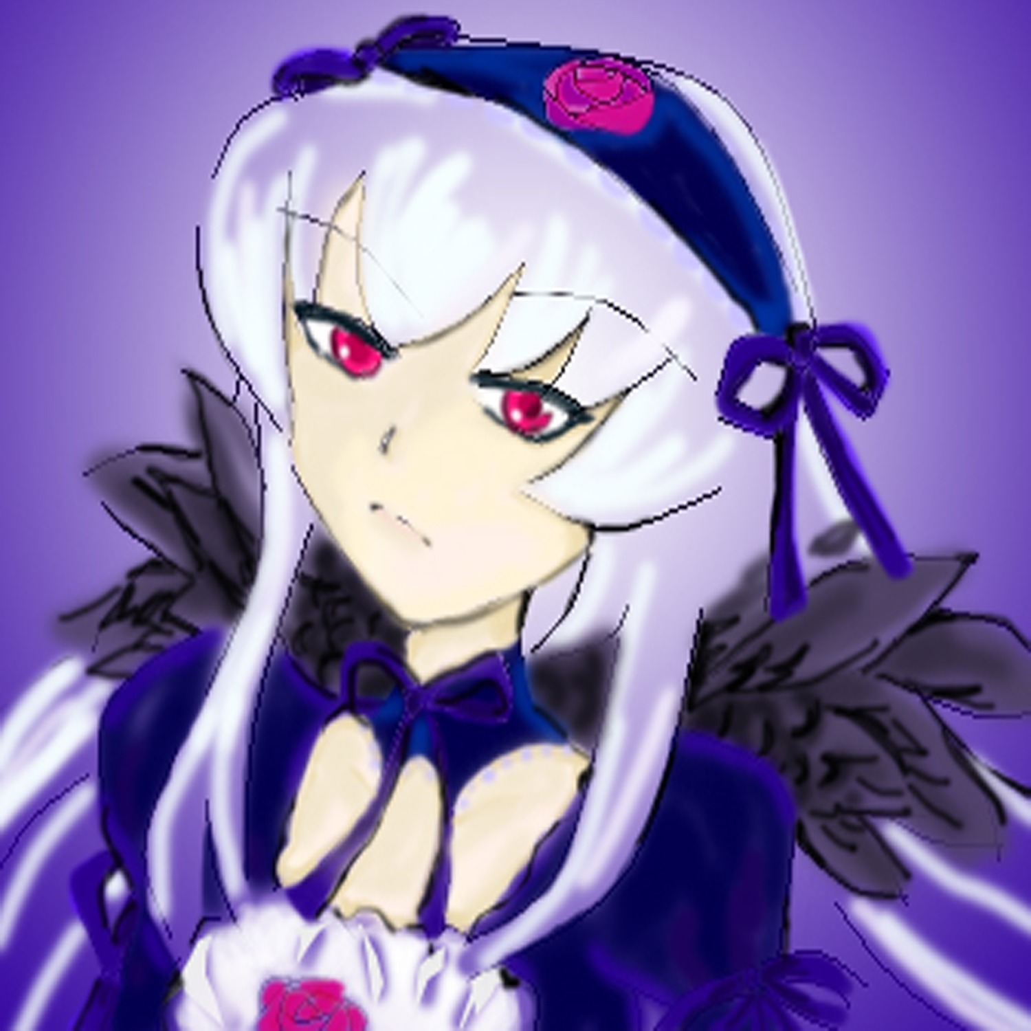 1girl black_wings blurry bow closed_mouth detached_collar dress flower frills hat image long_hair long_sleeves looking_at_viewer puffy_sleeves purple_background ribbon rose silver_hair solo suigintou upper_body wings